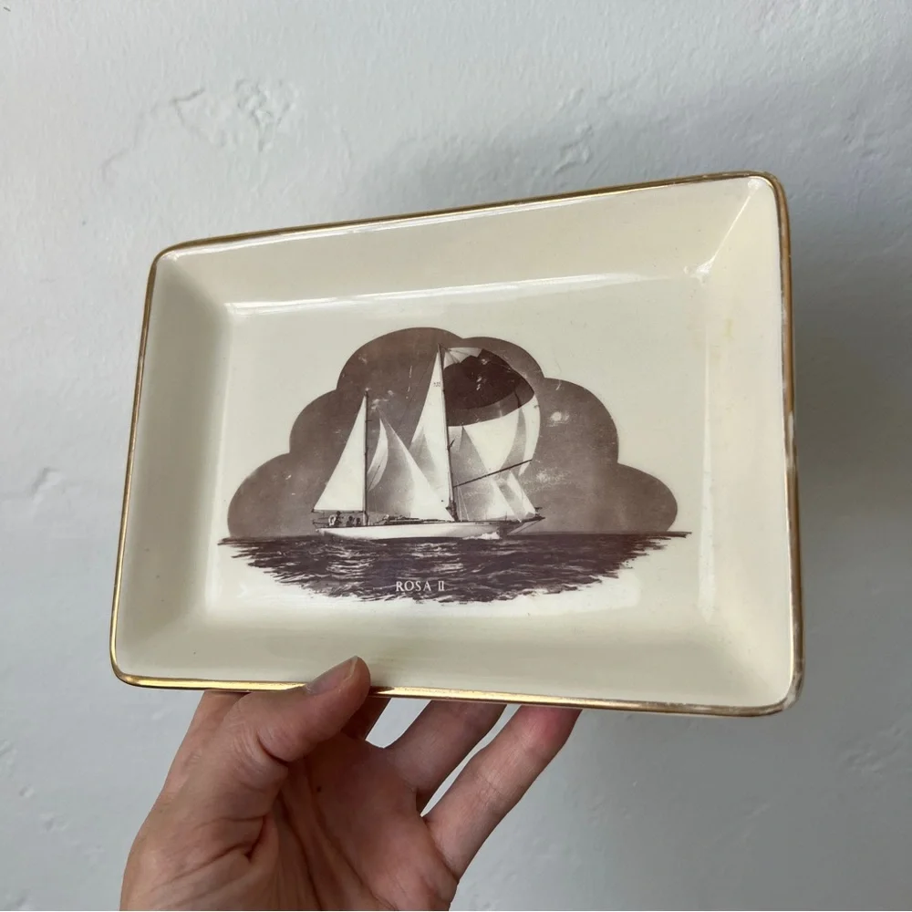 Vintage MCM Sailboat trinket dish decorative plate gilded Delano Studios 1965
